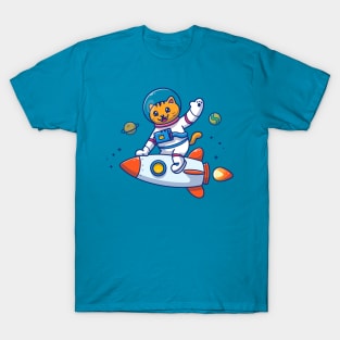 Cute Cat Astronaut Riding Rocket Cartoon T-Shirt